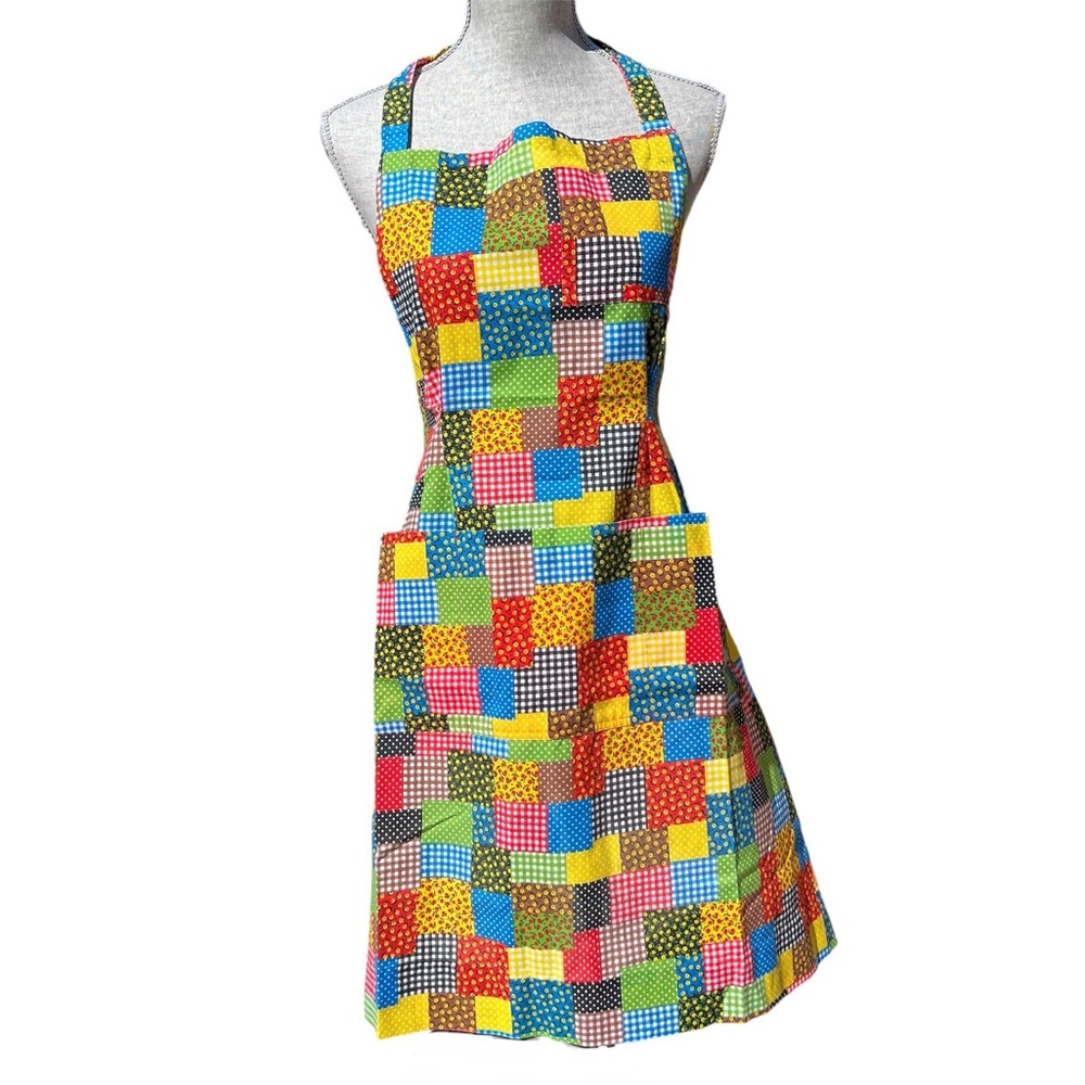 Vintage Handmade Apron Gingham Ditsy Floral Polka Dot Patchwork MCM Retro